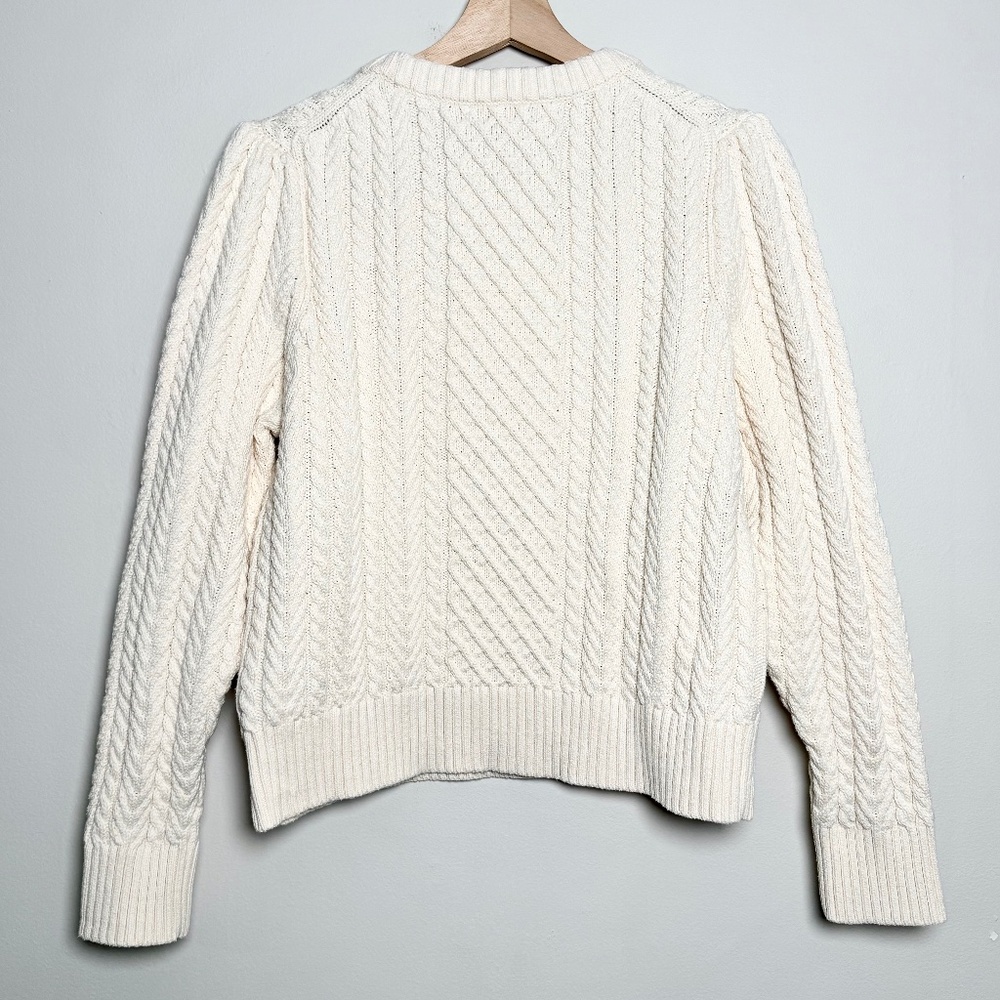 J. Crew Cotton Cable Knit Puff Sleeve Crewneck Sweater Sz L - Picture 3 of 6